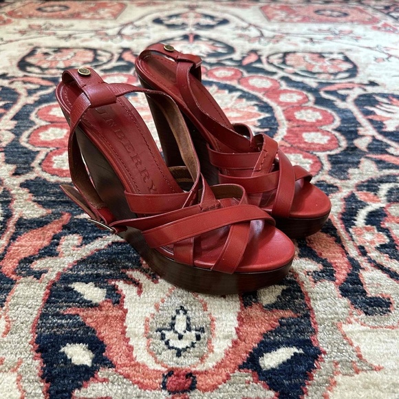 Burberry Red Leather Open Toe Ankle Strap Wedge Sandals main image 8